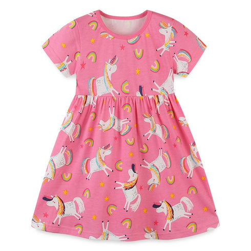 European And American Style Girls Short Sleeve Dress Summer Knitted Cotton Cartoon Round Neck Princess Dress Cute Printed Children's Dress